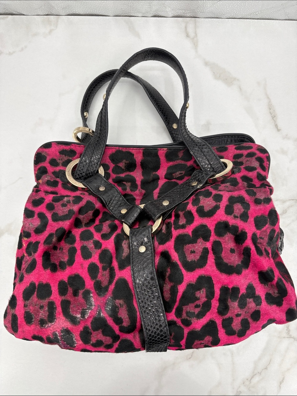 Jimmy Choo Pony Hair Fuchsia and Black Leopard-Print Tote - Picture 6 of 15